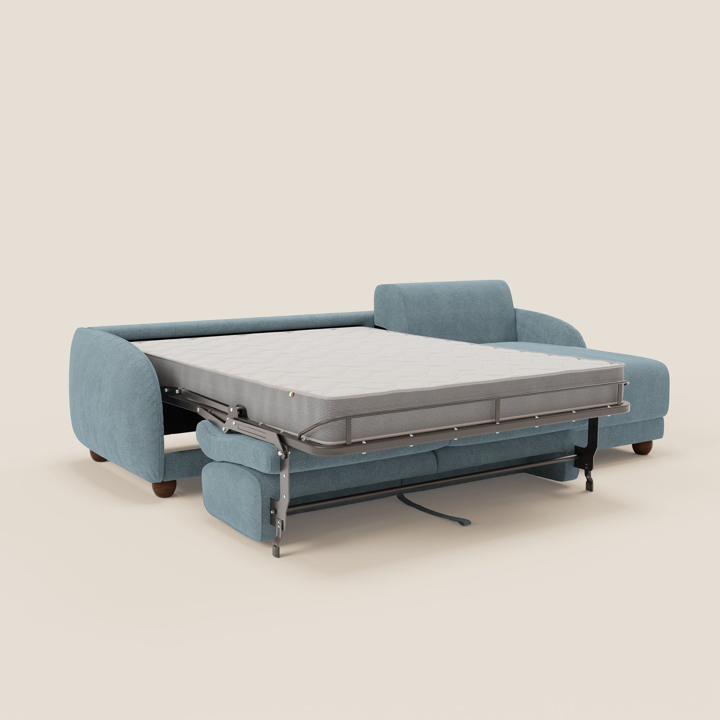 Giglio divano letto angolare con materasso alto 18 cm e penisola contenitore in morbido bouclé impermeabile T07 carta da zucchero 