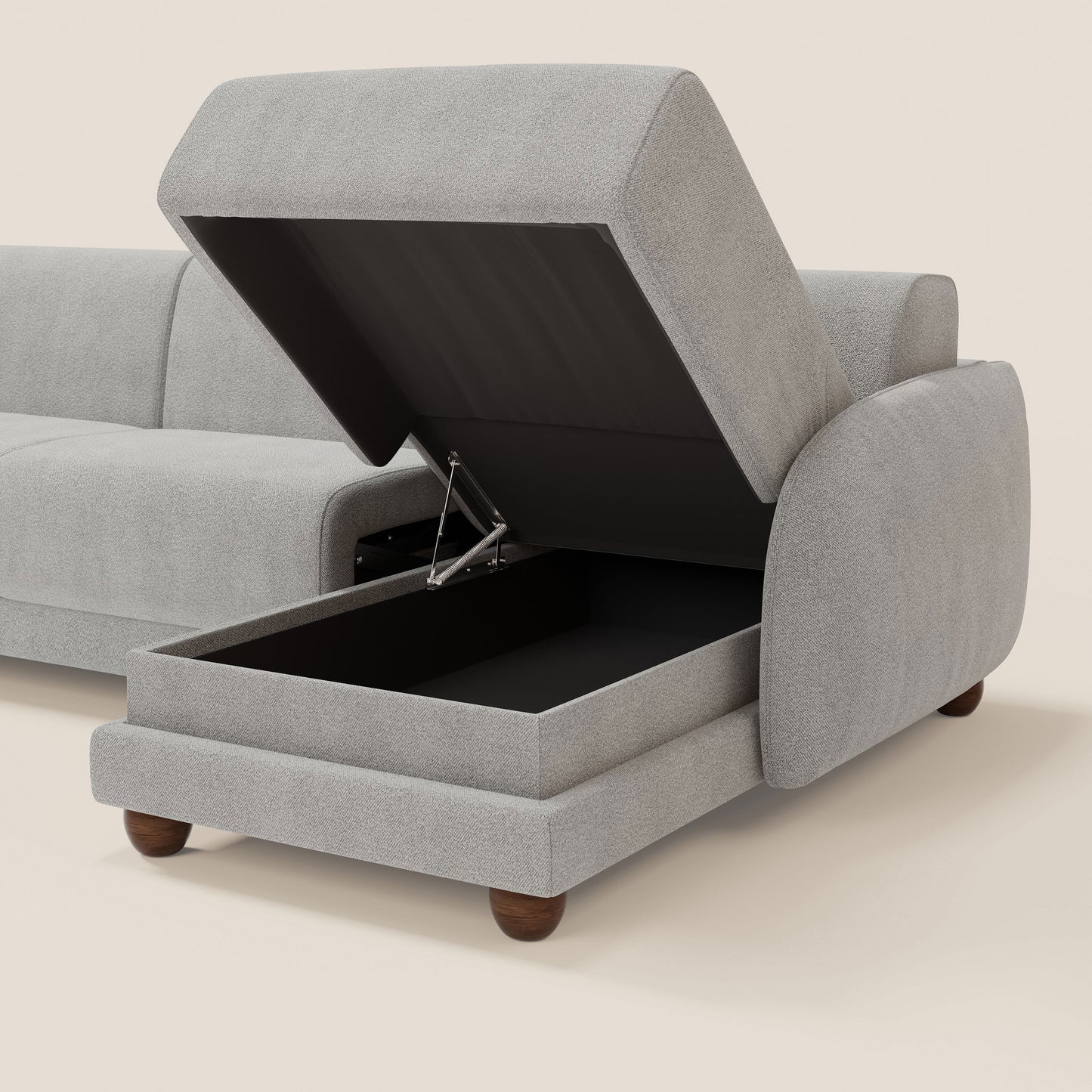 Giglio divano letto angolare con materasso alto 18 cm e penisola contenitore in morbido bouclé impermeabile T07 grigio 