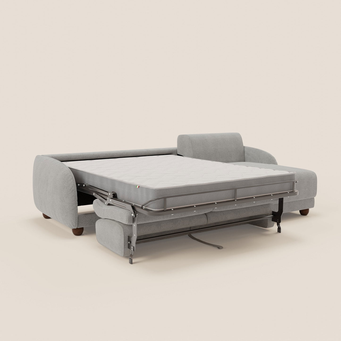 Giglio divano letto angolare con materasso alto 18 cm e penisola contenitore in morbido bouclé impermeabile T07 grigio 