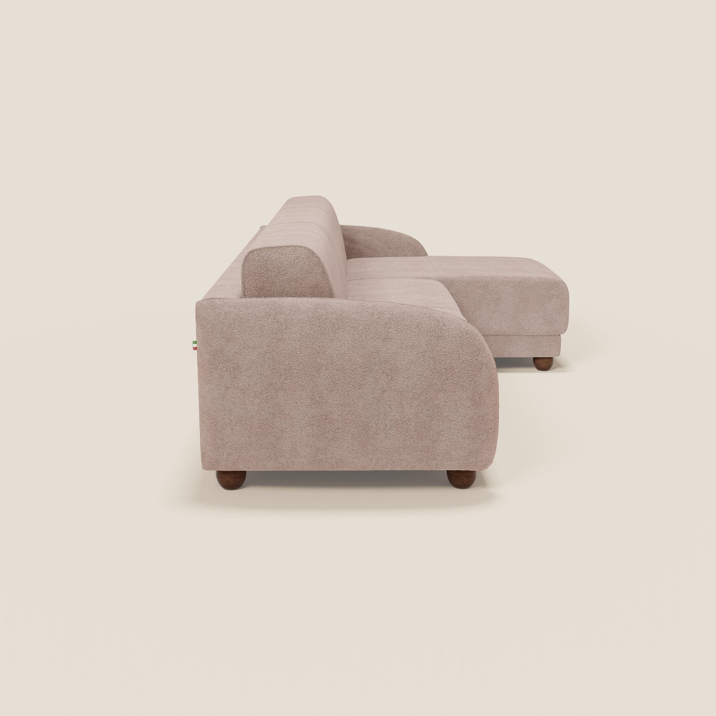 Giglio divano letto angolare con materasso alto 18 cm e penisola contenitore in morbido bouclé impermeabile T07 rosa 