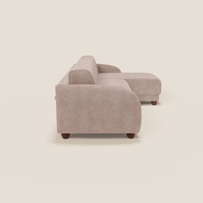 Giglio divano letto angolare con materasso alto 18 cm e penisola contenitore in morbido bouclé impermeabile T07 rosa 