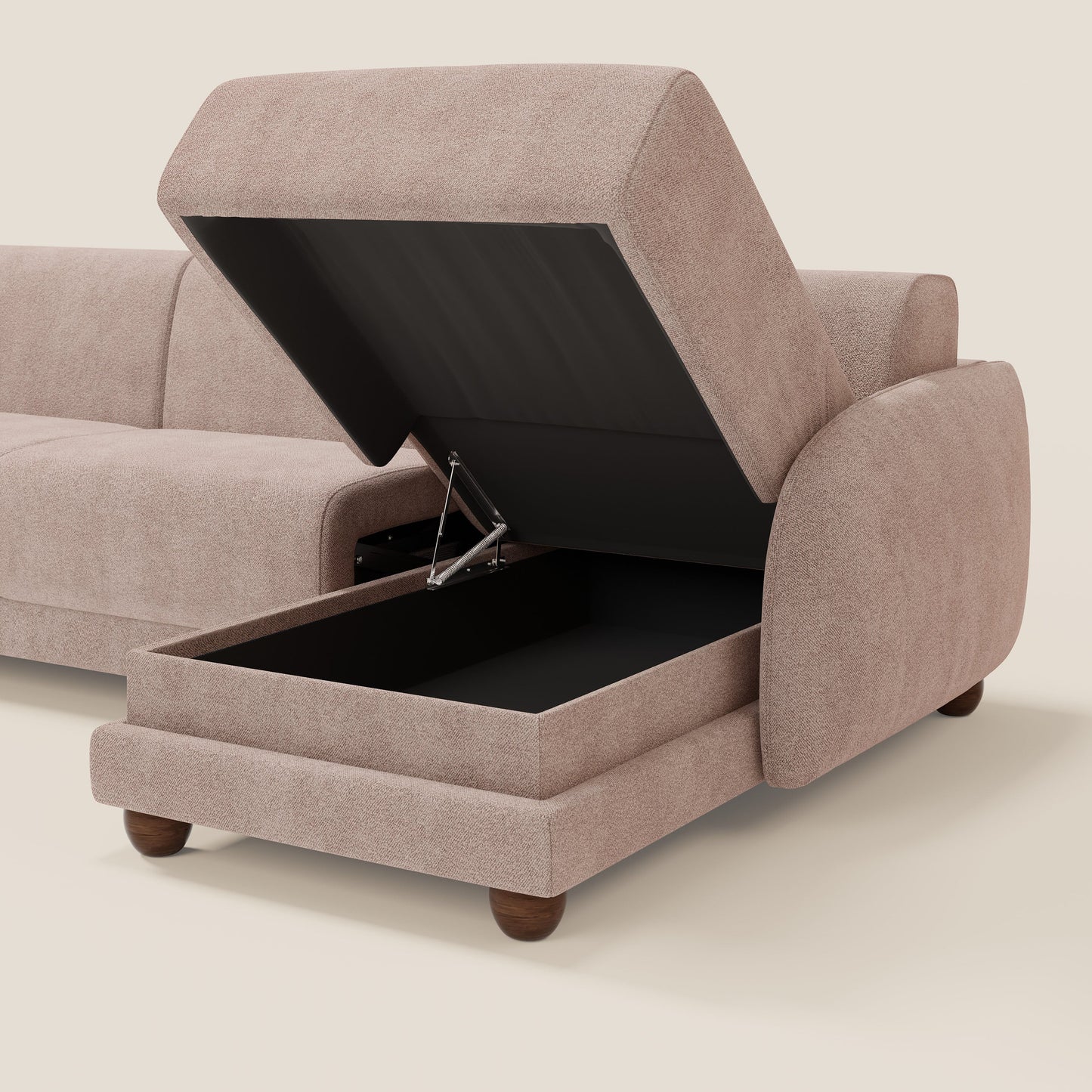 Giglio divano letto angolare con materasso alto 18 cm e penisola contenitore in morbido bouclé impermeabile T07 rosa 