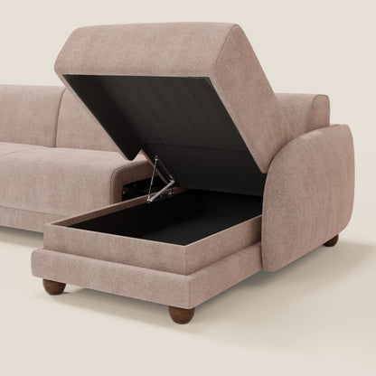 Giglio divano letto angolare con materasso alto 18 cm e penisola contenitore in morbido bouclé impermeabile T07 rosa 
