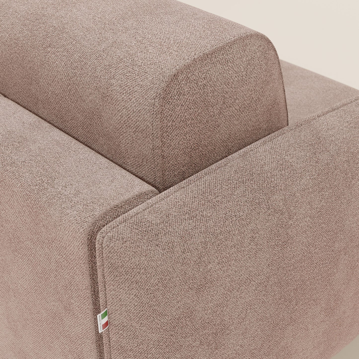 Giglio divano letto angolare con materasso alto 18 cm e penisola contenitore in morbido bouclé impermeabile T07 rosa 