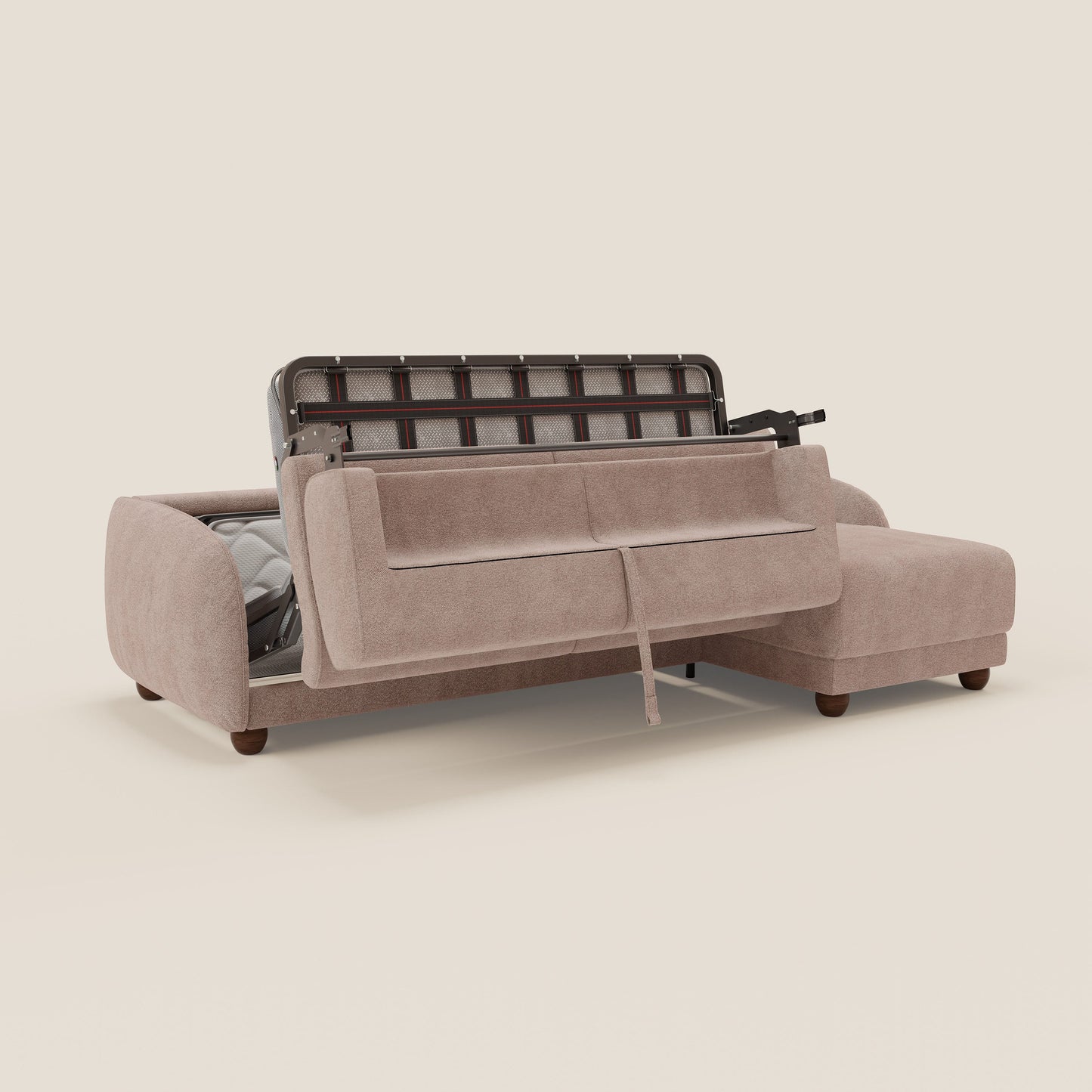 Giglio divano letto angolare con materasso alto 18 cm e penisola contenitore in morbido bouclé impermeabile T07 rosa 