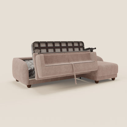 Giglio divano letto angolare con materasso alto 18 cm e penisola contenitore in morbido bouclé impermeabile T07 rosa 