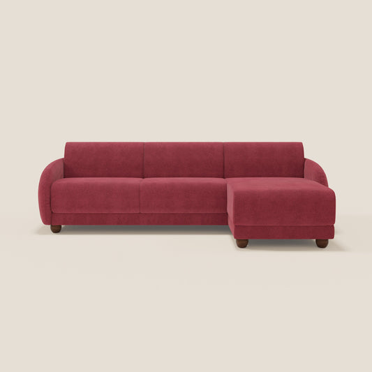 Giglio divano letto angolare con materasso alto 18 cm e penisola contenitore in morbido bouclé impermeabile T07 rosso 