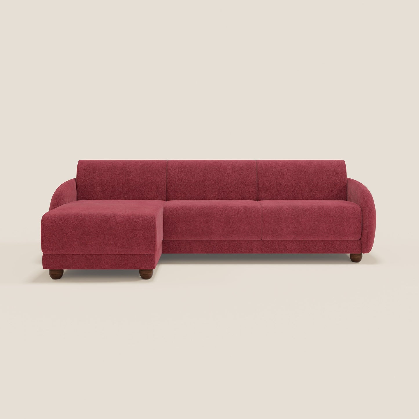 Giglio divano letto angolare con materasso alto 18 cm e penisola contenitore in morbido bouclé impermeabile T07 rosso 