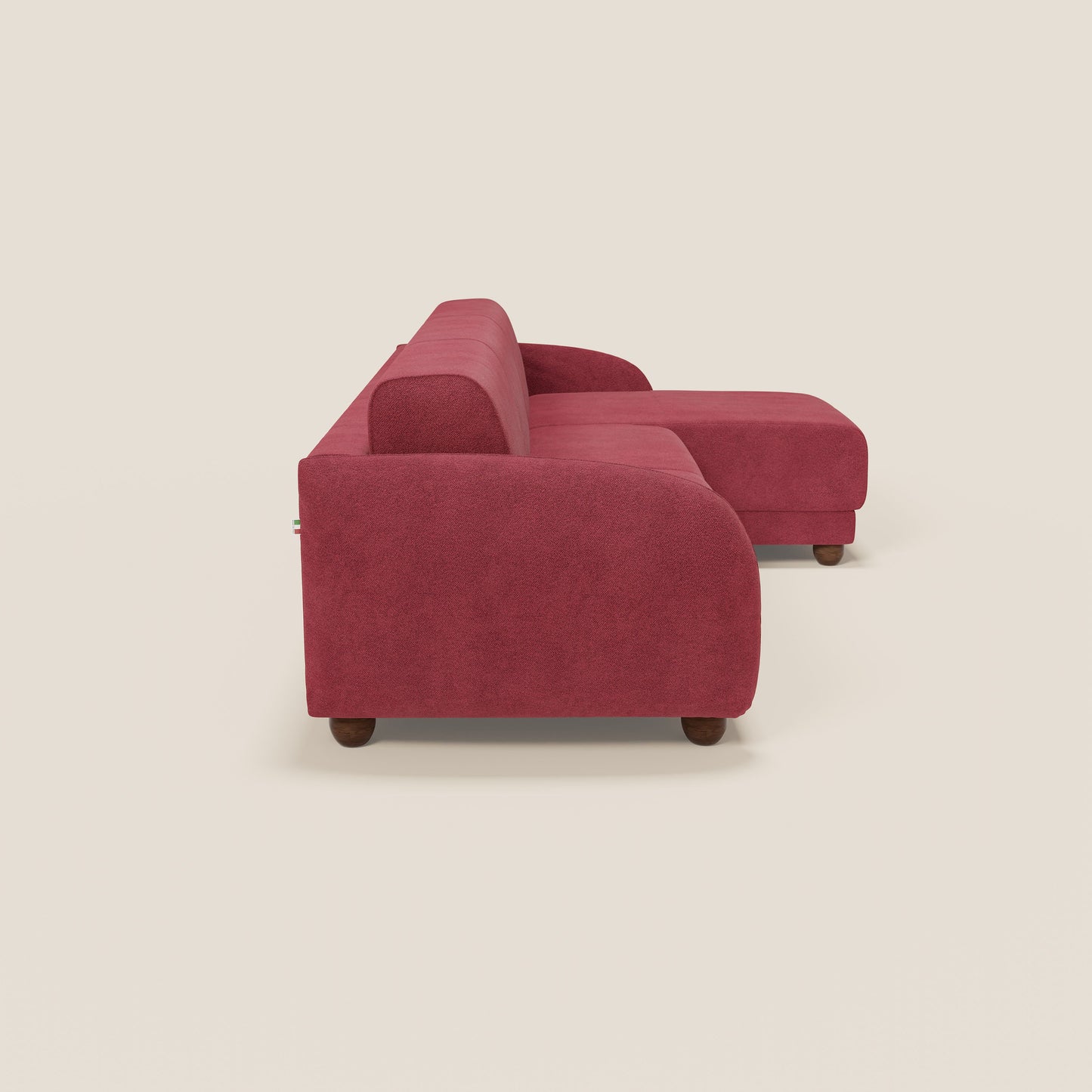 Giglio divano letto angolare con materasso alto 18 cm e penisola contenitore in morbido bouclé impermeabile T07 rosso 