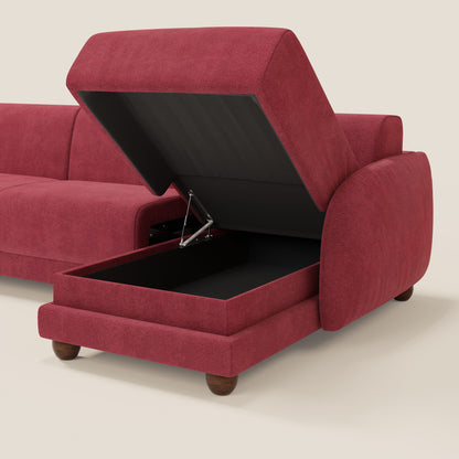 Giglio divano letto angolare con materasso alto 18 cm e penisola contenitore in morbido bouclé impermeabile T07 rosso 