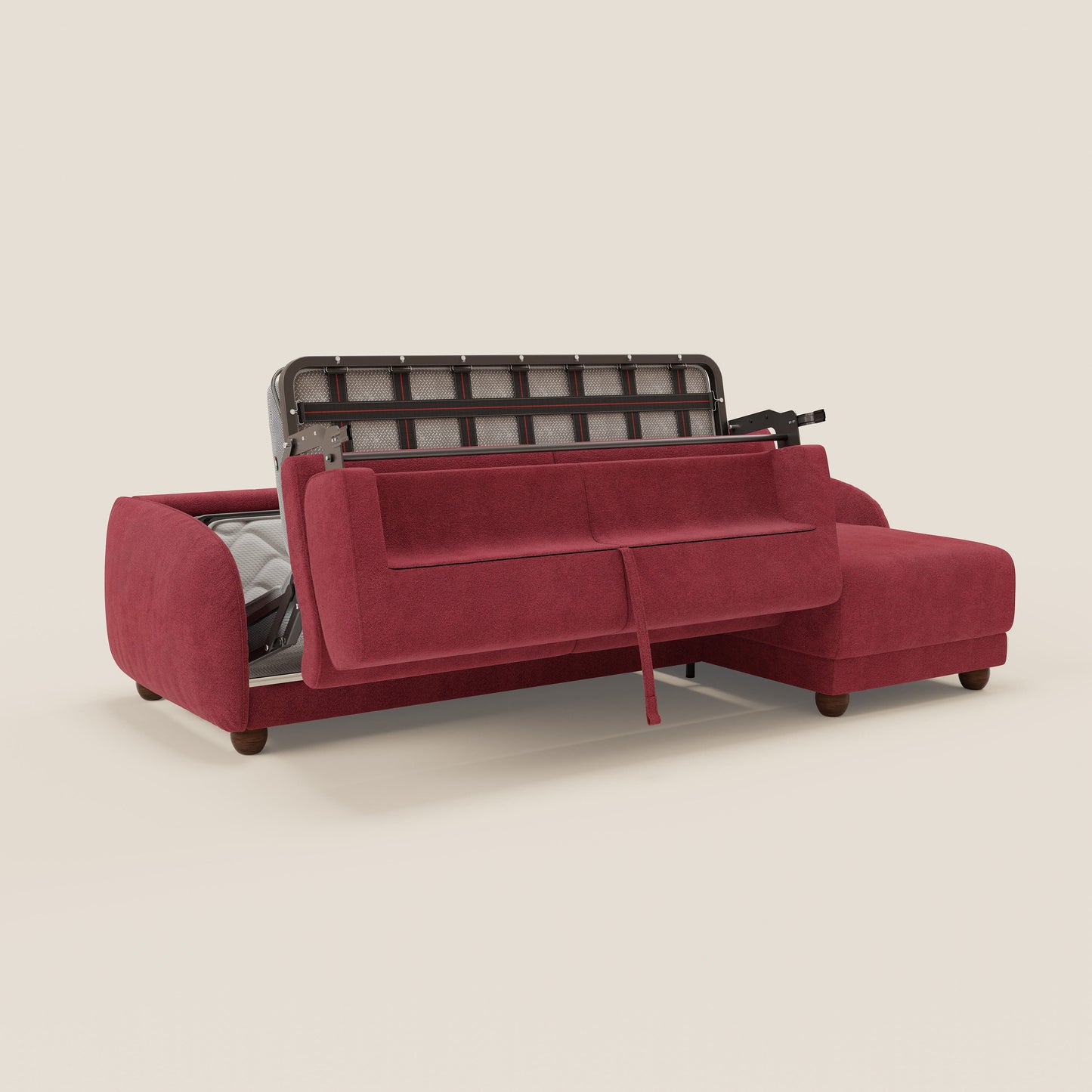 Giglio divano letto angolare con materasso alto 18 cm e penisola contenitore in morbido bouclé impermeabile T07 rosso 