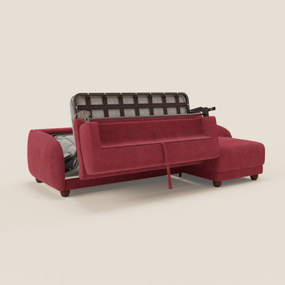 Giglio divano letto angolare con materasso alto 18 cm e penisola contenitore in morbido bouclé impermeabile T07 rosso 