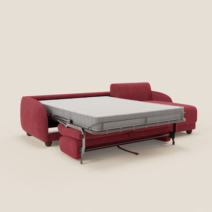 Giglio divano letto angolare con materasso alto 18 cm e penisola contenitore in morbido bouclé impermeabile T07 rosso 