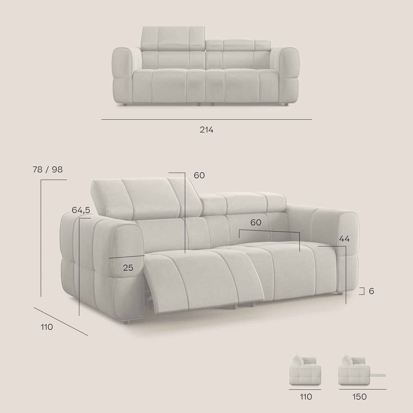 Giotto Divano modulare con opzione relax elettrico in microfibra effetto velluto impermeabile T09 antracite