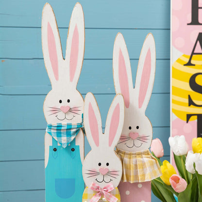 Glitzhome 30H Easter Wooden Bunny Family Standing Porch Sign Decor with Wreath