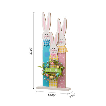Glitzhome 30H Easter Wooden Bunny Family Standing Porch Sign Decor with Wreath