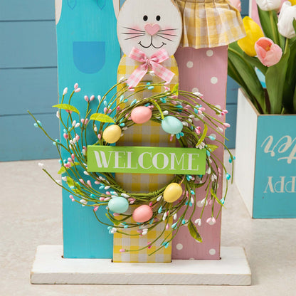 Glitzhome 30H Easter Wooden Bunny Family Standing Porch Sign Decor with Wreath