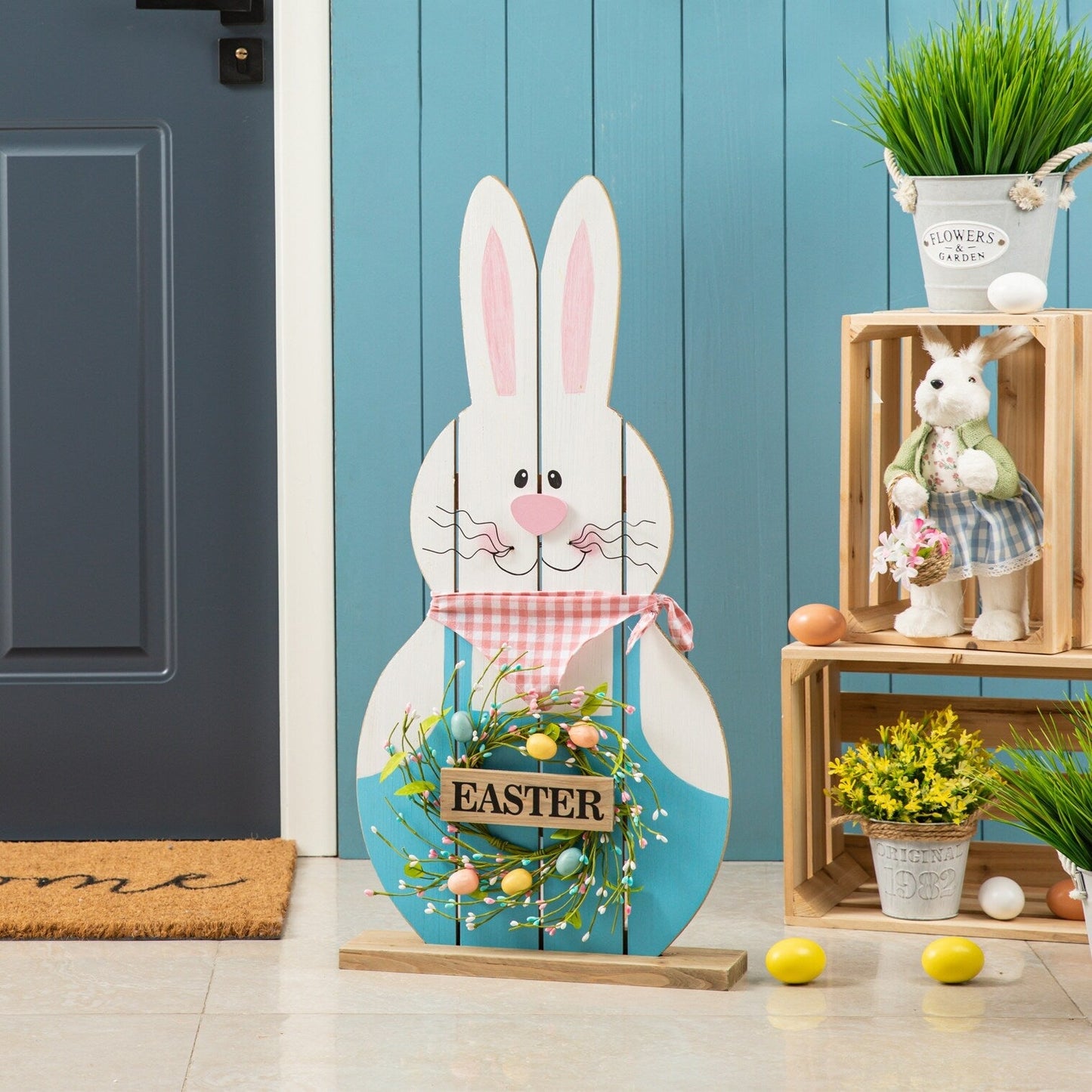 Glitzhome 30H Easter Wooden Bunny Family Standing Porch Sign Decor with Wreath