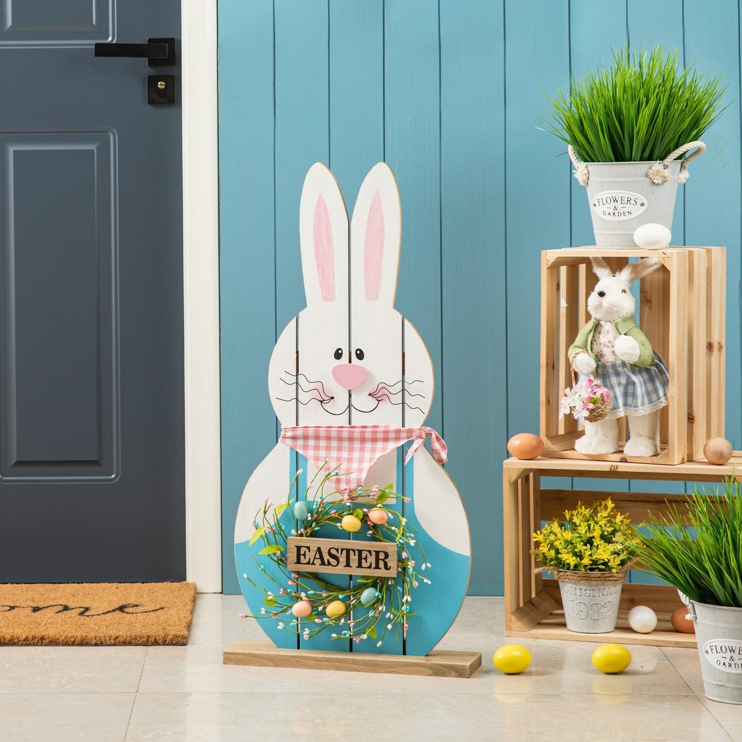 Glitzhome 30H Easter Wooden Bunny Family Standing Porch Sign Decor with Wreath
