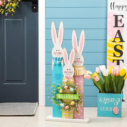 Glitzhome 30H Easter Wooden Bunny Family Standing Porch Sign Decor with Wreath