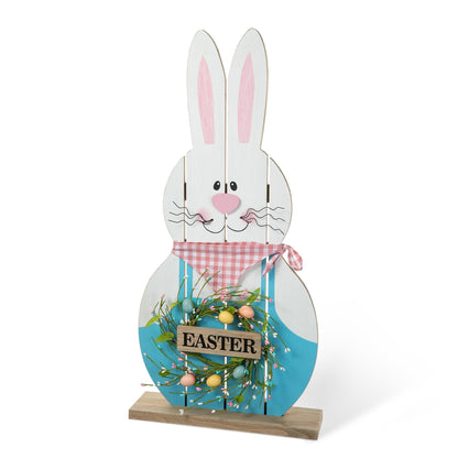 Glitzhome 30H Easter Wooden Bunny Family Standing Porch Sign Decor with Wreath