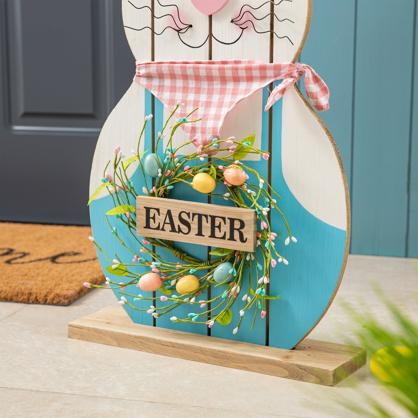 Glitzhome 30H Easter Wooden Bunny Family Standing Porch Sign Decor with Wreath