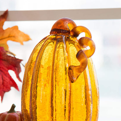 Glitzhome Amber Crackle Handblown Glass Pumpkins for Fall Harvest Decorating