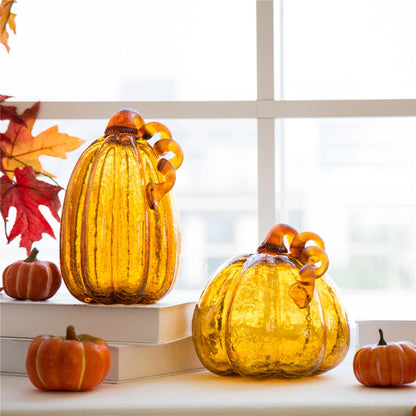 Glitzhome Amber Crackle Handblown Glass Pumpkins for Fall Harvest Decorating