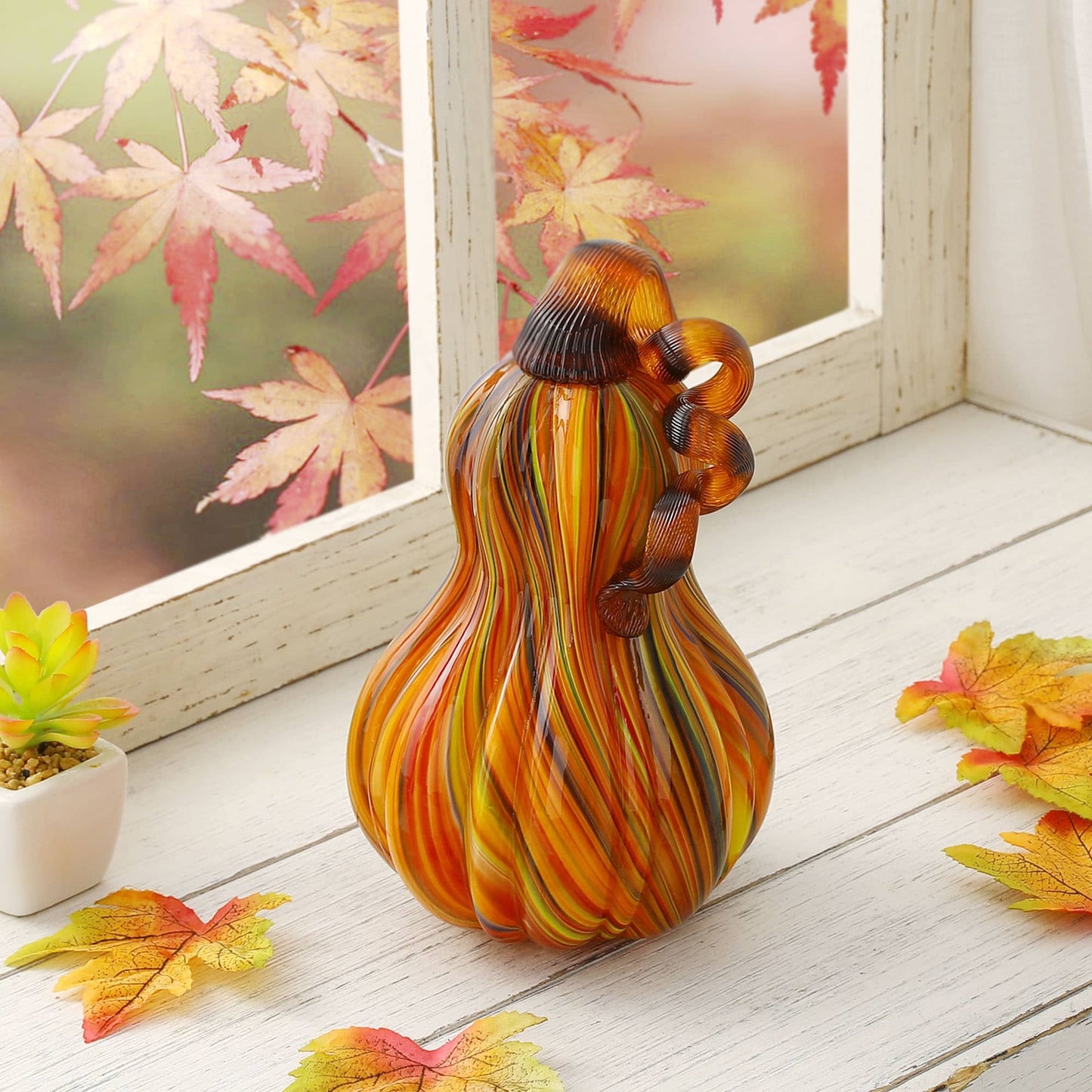 Glitzhome Multi Striped Fall Harvest Glass Pumpkins Halloween Thanksgiving Festival Decorations