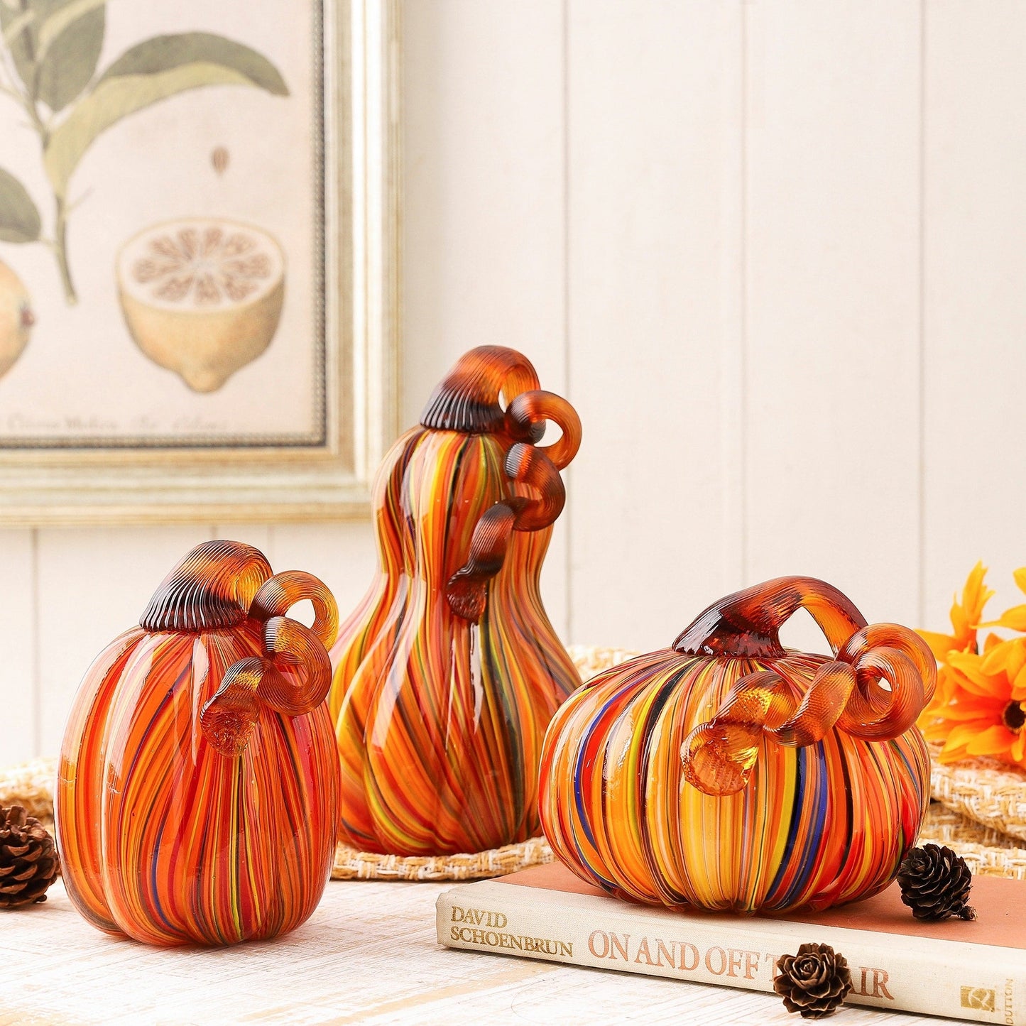 Glitzhome Multi Striped Fall Harvest Glass Pumpkins Halloween Thanksgiving Festival Decorations