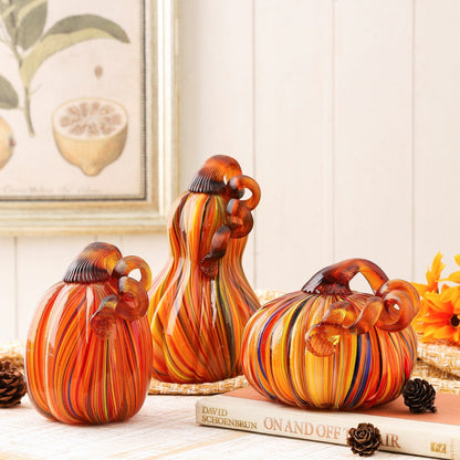 Glitzhome Multi Striped Fall Harvest Glass Pumpkins Halloween Thanksgiving Festival Decorations
