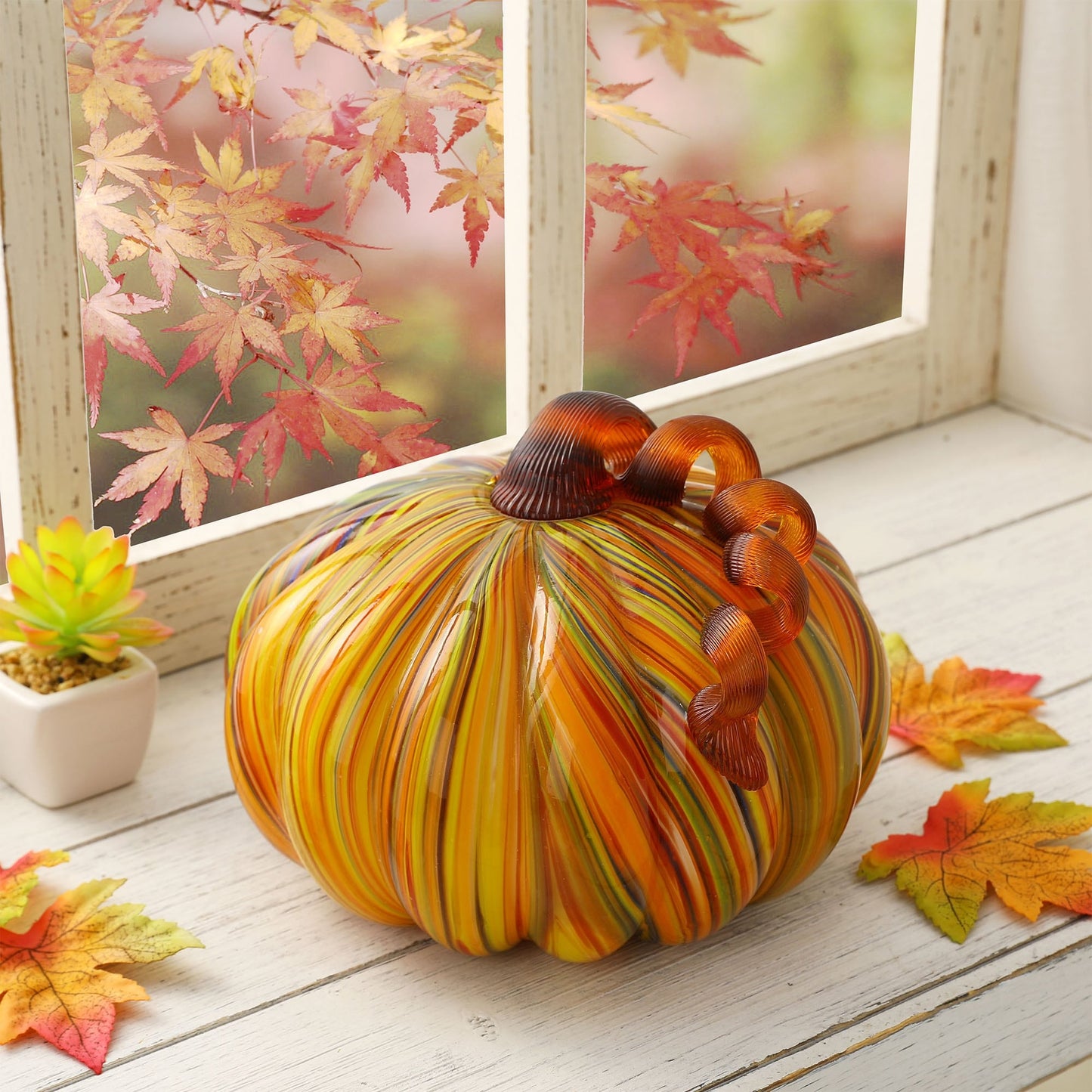 Glitzhome Fall Harvest Multi Striped Handblown Glass Pumpkins Thanksgiving Table Accent