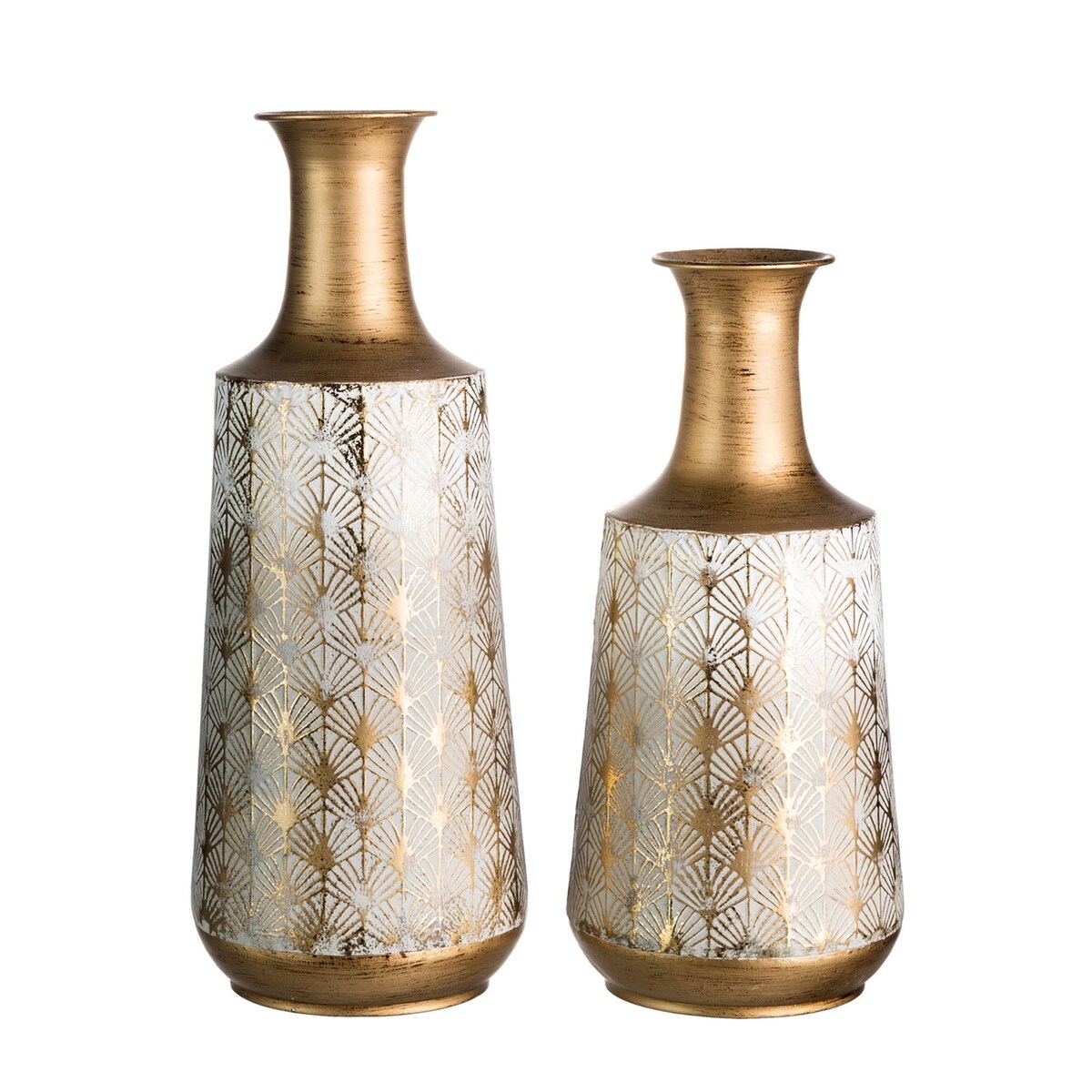 Glitzhome Set of 2 Distressed Traditional Vintage Gold/White Metal Vases