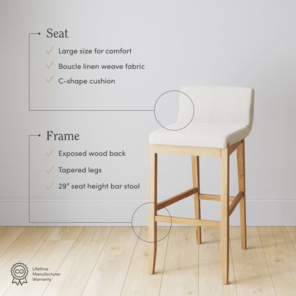 Gracie Modern Bar Stool, Boucle Upholstered Chair and Brushed Wooden Legs