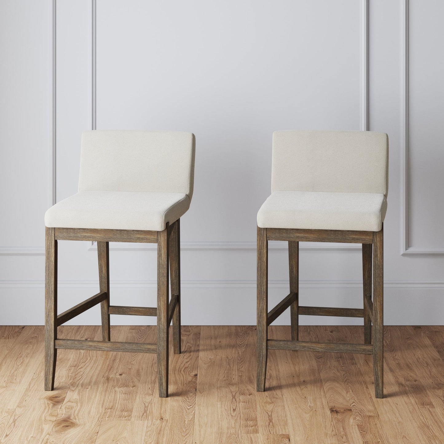 Gracie Modern Bar Stool, Boucle Upholstered Chair and Brushed Wooden Legs