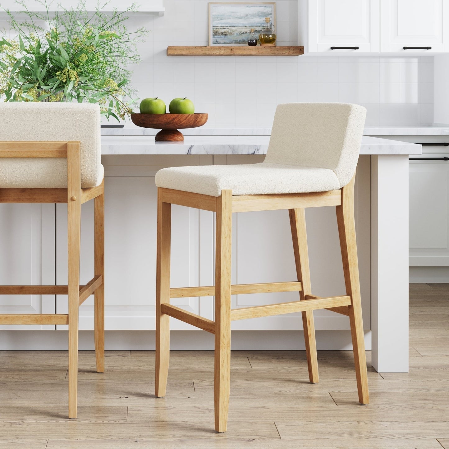 Gracie Modern Bar Stool, Boucle Upholstered Chair and Brushed Wooden Legs