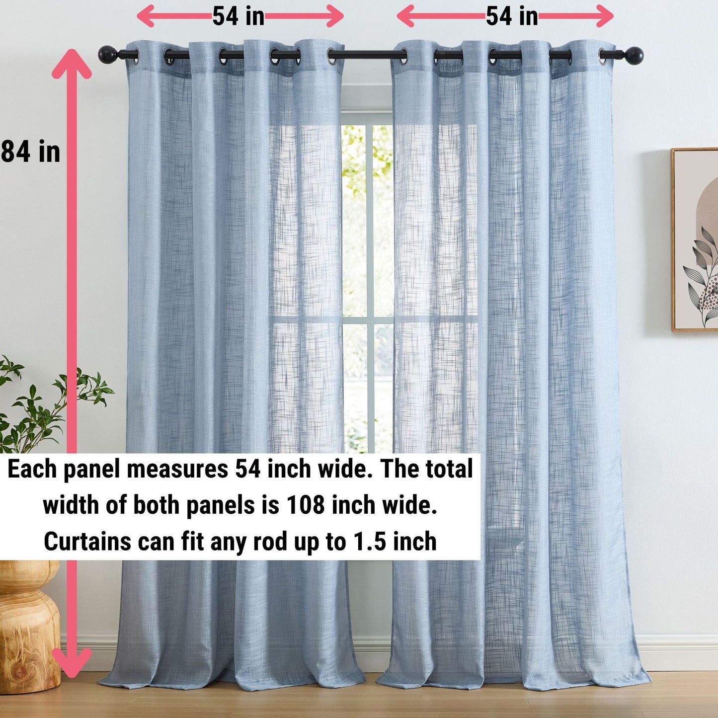 HLC.me Abbey Faux Linen Textured Semi Sheer Privacy Light Filtering Transparent Window Grommet Curtain Panels, Pair