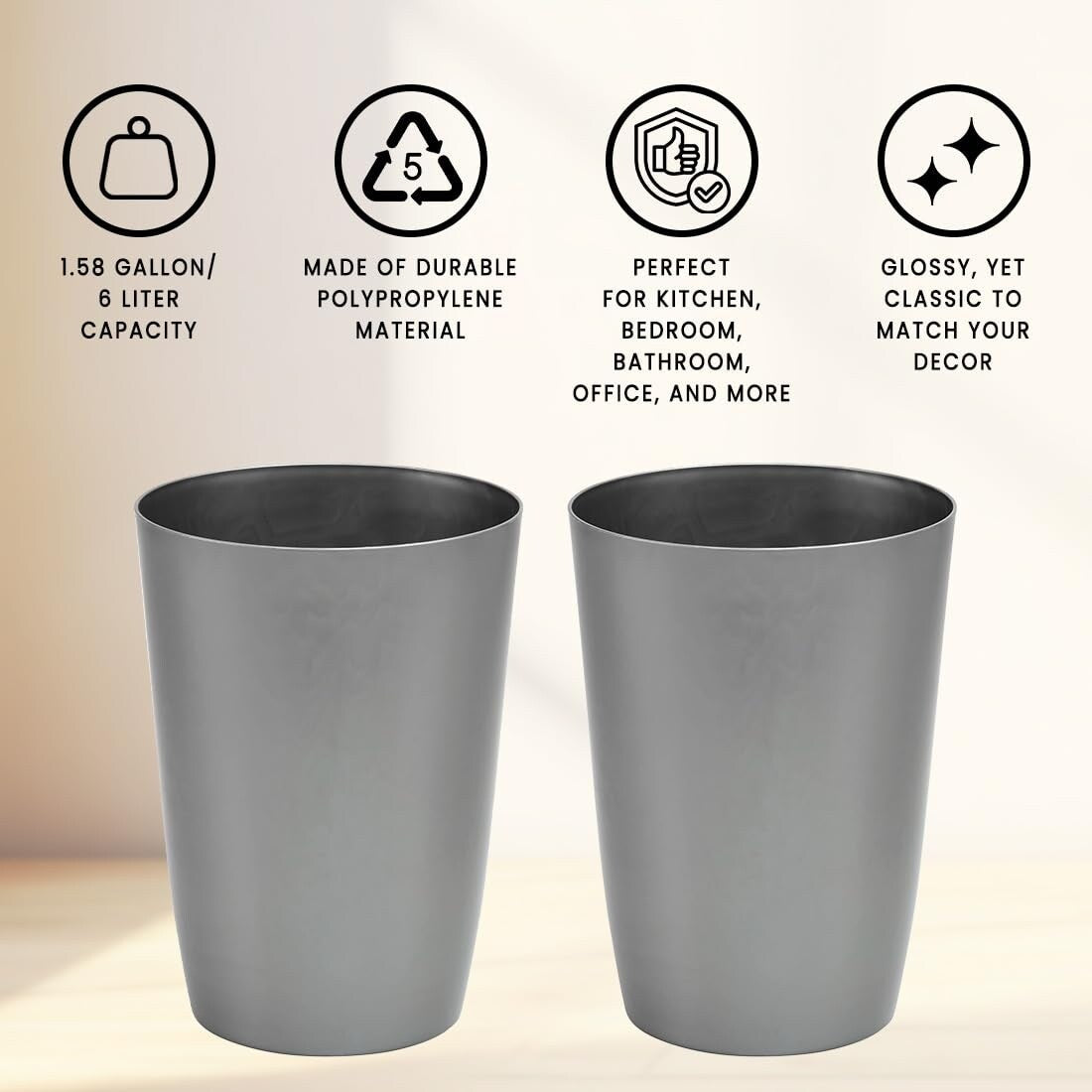 HOLD N’ STORAGE - Set of 2 Small Trash Can with Open Top for Compact and Tight Spaces – 1.58 Gallon Capacity