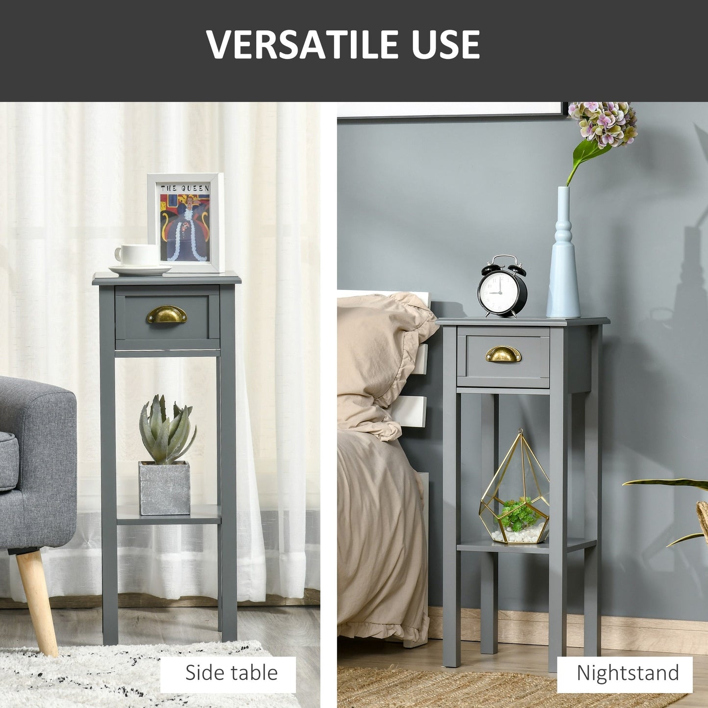 HOMCOM 2-Tier Night Stand with Drawer, Narrow End Table with Bottom Shelf, for Living Room or Bedroom