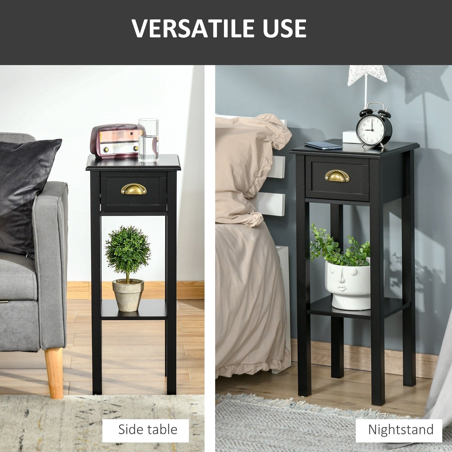 HOMCOM 2-Tier Night Stand with Drawer, Narrow End Table with Bottom Shelf, for Living Room or Bedroom