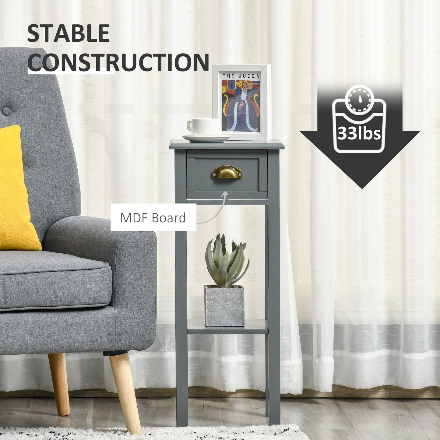 HOMCOM 2-Tier Night Stand with Drawer, Narrow End Table with Bottom Shelf, for Living Room or Bedroom