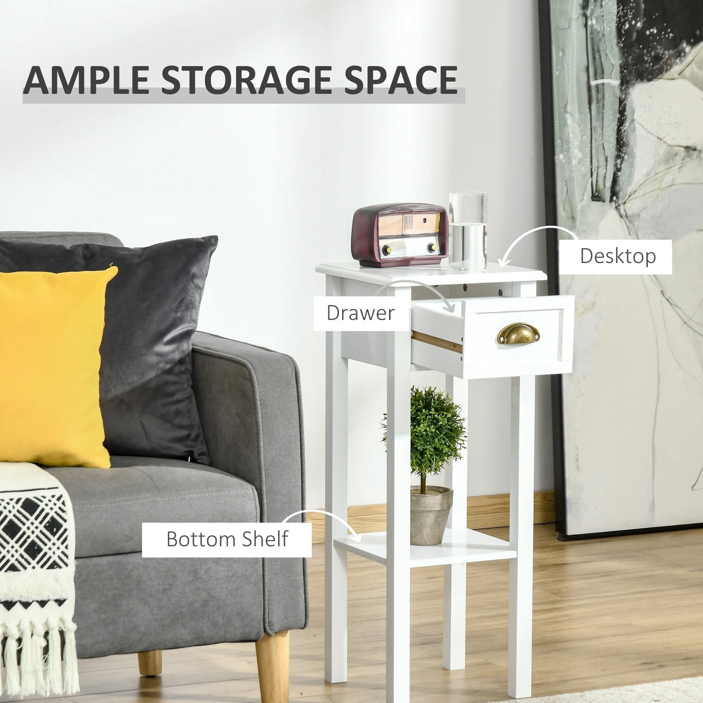 HOMCOM 2-Tier Night Stand with Drawer, Narrow End Table with Bottom Shelf, for Living Room or Bedroom