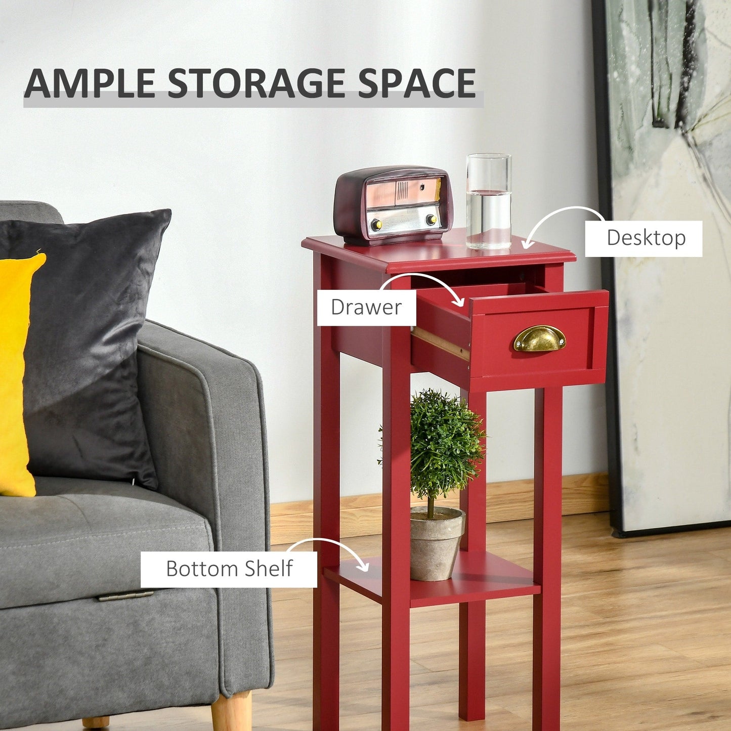 HOMCOM 2-Tier Night Stand with Drawer, Narrow End Table with Bottom Shelf, for Living Room or Bedroom