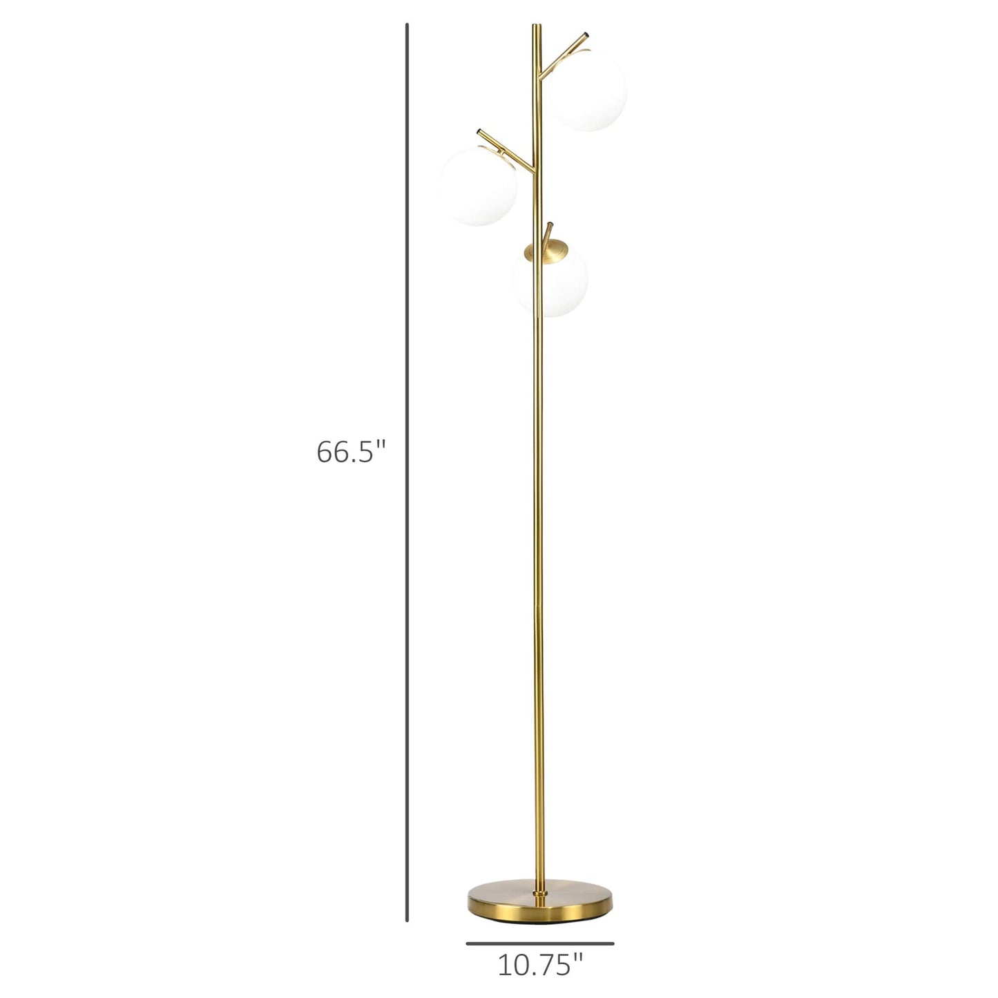 HOMCOM 3-Light Modern Floor Lamps for Living Room, Tree Standing Lamp for Bedroom with Globe Lampshade, Steel Base, Gold