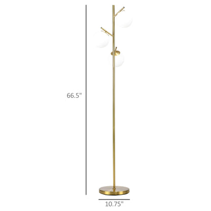 HOMCOM 3-Light Modern Floor Lamps for Living Room, Tree Standing Lamp for Bedroom with Globe Lampshade, Steel Base, Gold