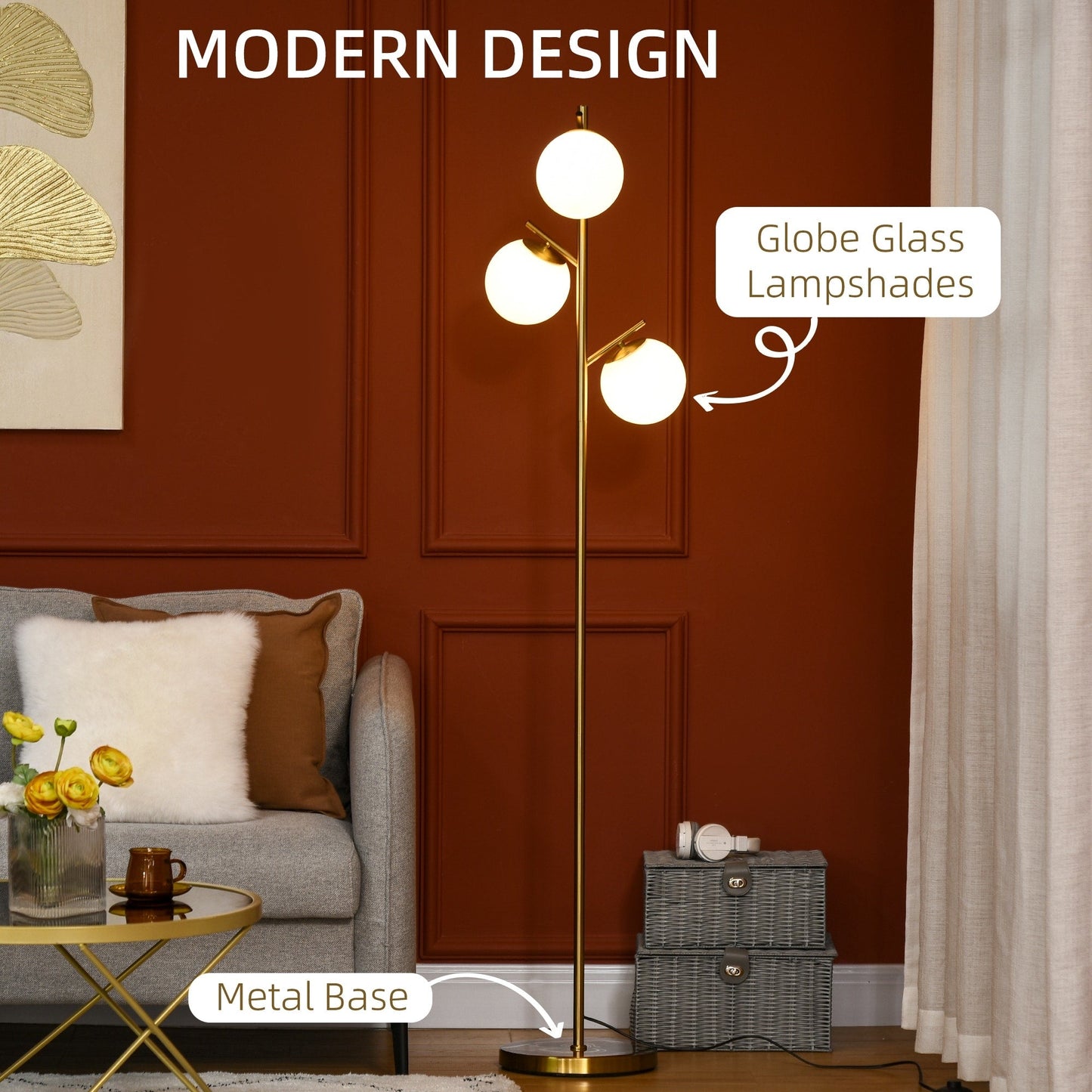 HOMCOM 3-Light Modern Floor Lamps for Living Room, Tree Standing Lamp for Bedroom with Globe Lampshade, Steel Base, Gold