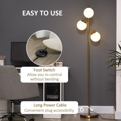 HOMCOM 3-Light Modern Floor Lamps for Living Room, Tree Standing Lamp for Bedroom with Globe Lampshade, Steel Base, Gold