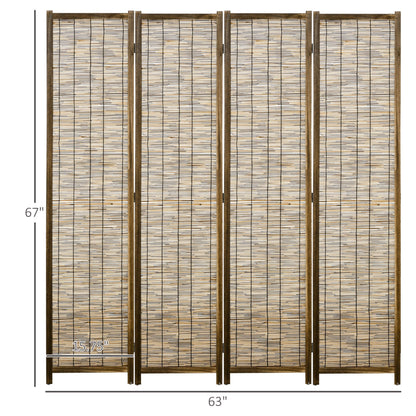 HOMCOM 4 Panel Room Divider, 5.5' Tall Portable Folding Privacy Screens, Wood & Hand-Woven, Brown