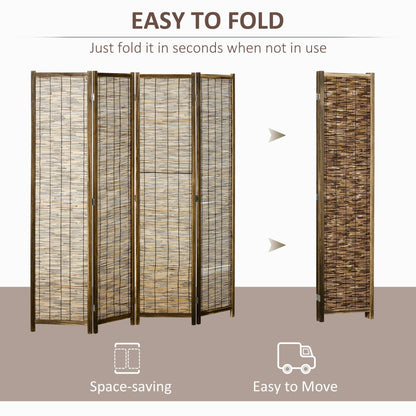 HOMCOM 4 Panel Room Divider, 5.5' Tall Portable Folding Privacy Screens, Wood & Hand-Woven, Brown