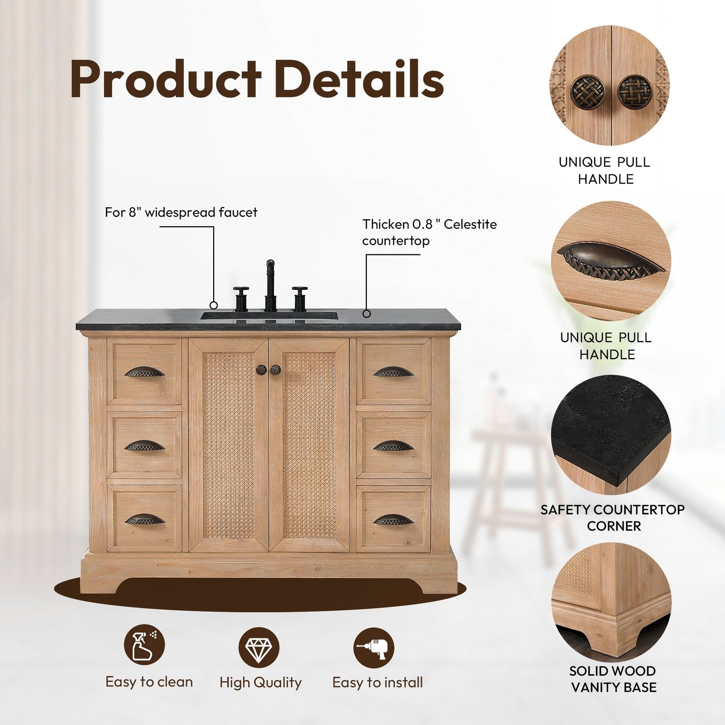 Hervas Bath Vanity with Natural Marble Top without Mirror